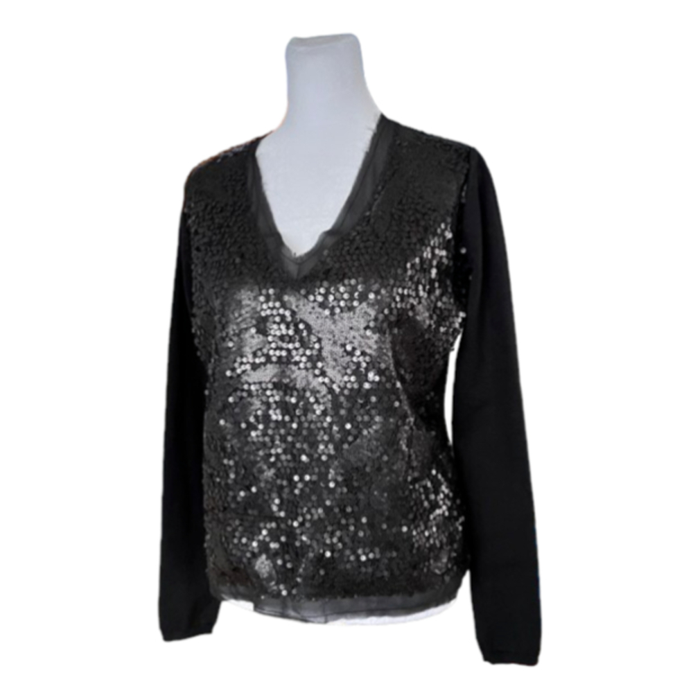 Lizalu Italian Designer Black Vneck Sequin Sweater Size Medium NWT